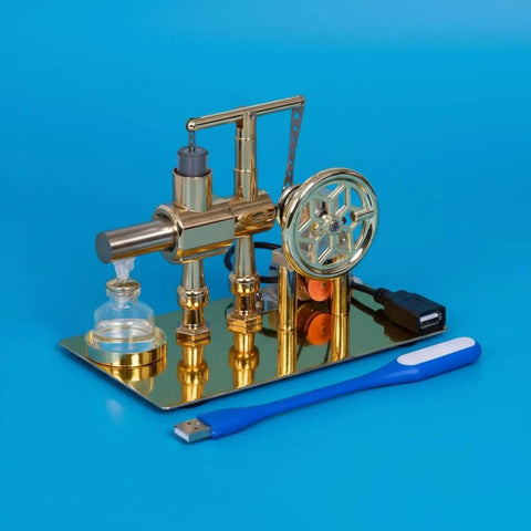 Visible Steam Engine Demonstrator Model With Metal Construction For Hands On Learning Toy Classroom And Home Projects That Really Shows How Thermal Engines Work For Student Experiments; gold metal desktop model with wheel