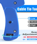 Heavy Duty Die Cast Steel Zip Tie Gun With Flush Cut Cutter showing gear adjustment settings for Low, Middle, and High tension