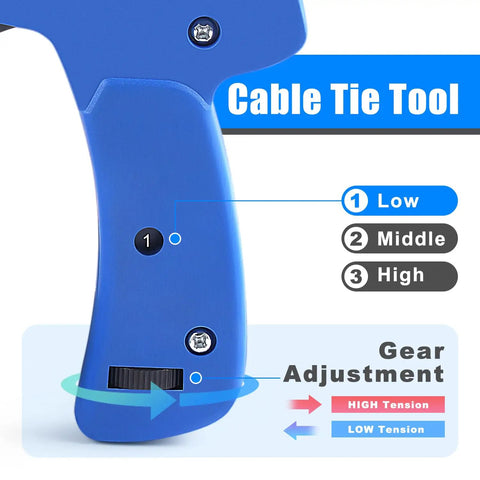 Heavy Duty Die Cast Steel Zip Tie Gun With Flush Cut Cutter showing gear adjustment settings for Low, Middle, and High tension
