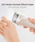 Electric Foot Callus Remover Rechargeable Cordless Foot File That Kicks Dry Skin Out The Window And Delivers Fresh Heels With Zero Hassle For Your Effortless Daily Glow Up, showing LED indicator illuminating foot.