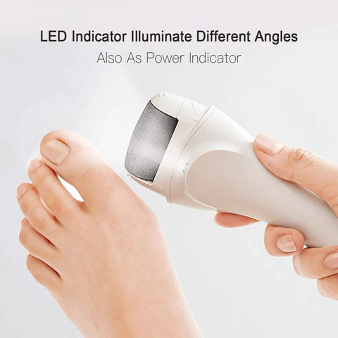 Electric Foot Callus Remover Rechargeable Cordless Foot File That Kicks Dry Skin Out The Window And Delivers Fresh Heels With Zero Hassle For Your Effortless Daily Glow Up, showing LED indicator illuminating foot.
