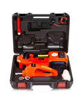 Rock Solid Electric Car Jack Kit Lifting Five Ton Loads With Effortless Twelve Volt Hydraulic Pressure Comes Loaded With An Inflatable Pump And Torque Wrench For Easy Peasy Tire Swaps And Road Warrior Fixes in a compact carrying case.