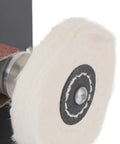 Heavy Duty Brushless Belt Sander With Hella Fine Tune Speed Dial For Sweeter Wood And Metal Grinding Projects Delivering Zero To Ten Thousand RPM Power Output Anywhere - close-up of polishing wheel.