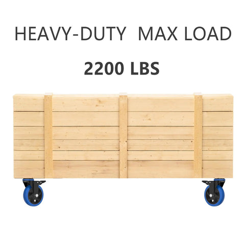 Set of four blue 5-inch caster wheels with brakes on a wooden crate