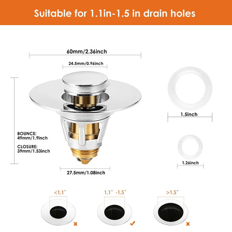 Diagram of Universal Bathroom Sink Stopper Pop Up Drain Strainer With Stainless Hair Catcher For 1.1 To 1.5 Inch Drains 2 Pack Silver