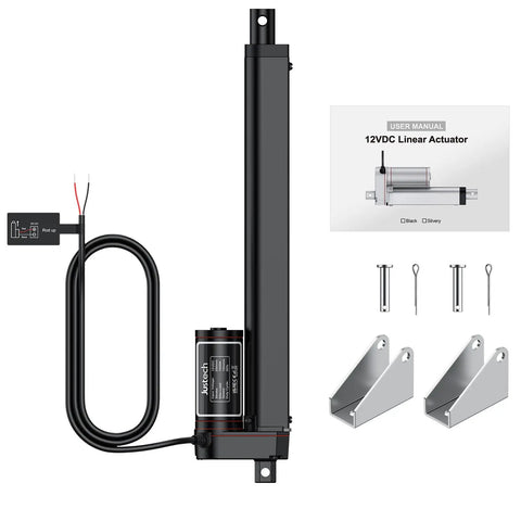 Heavy Duty 12V Linear Actuator With 330 Lbs Lift, 1500 N, 10 Inch Stroke, Quiet Operation displayed with brackets and manual