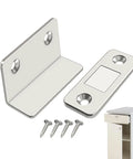 Ultra Slim Magnetic Door Catch With Invisible 1.5x0.6 Inch Strip, stainless steel hardware, screws, and cabinet installation view