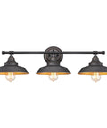 Three Light Indoor Wall Fixture In Oil Rubbed Bronze, Retro Industrial Vibe Wall Light With Metal Bronze Shaded Heads, Directs Light Downward For Task And Ambience, Rustic Metal Finish Perfect For Hallway Or Living Room Decor shown with three exposed bulbs.