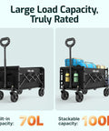 Collapsible Wagon Cart With 350Lb Load, Expandable 100L Storage, Double Bearing Steering, shown with 70L and 100L capacity.