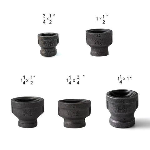 Heavy Duty One Half By Three Quarter Inch Iron Reducing Coupling Connector for DIY pipes, cast iron with black finish, five sizes
