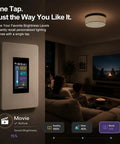 Slick Smart Dimmer Switch With A Nifty LCD Touchscreen and Ultra Smooth 100 Level Brightness Control in a dimly lit living room.
