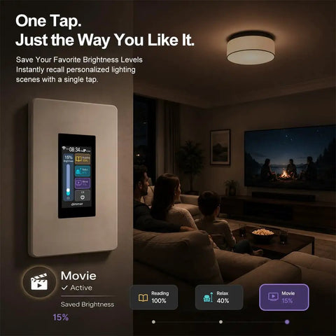 Slick Smart Dimmer Switch With A Nifty LCD Touchscreen and Ultra Smooth 100 Level Brightness Control in a dimly lit living room.