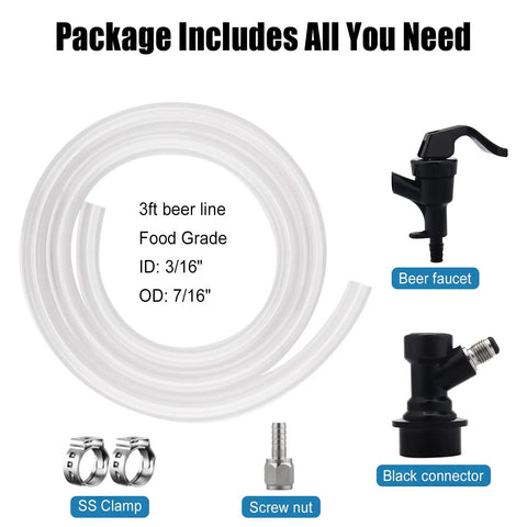 3 Foot Ball Lock Beer Line Kit For Corny Keg With Quick Disconnect Picnic Tap Faucet And Cornelius Beer Tube Leak Resistant PVC Liquid Beer Hose Assembly For Your Home Kegerator And Weekend Parties components including beer line, faucet, and connectors.