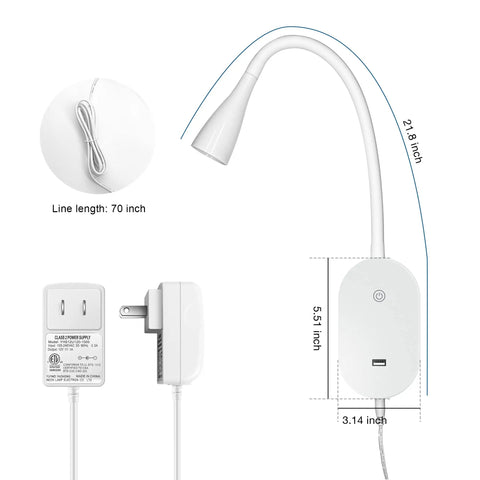 Wall Mount Reading Light For Bedside Must Have With Flexible Gooseneck, 16 LED Book Lamp, Five Dimming Levels, Touch Control, USB Output