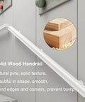 Rugged White Solid Wood Guardrail Loaded With Beefy Steel Brackets For Indoor Attic Or Stairway Safety Barrier Built Like A Tank Non Slip Grip Kid Approved Home Defense Six Point Six Feet Long, showing smooth solid wood handrail.