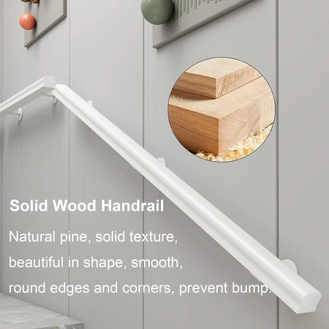 Rugged White Solid Wood Guardrail Loaded With Beefy Steel Brackets For Indoor Attic Or Stairway Safety Barrier Built Like A Tank Non Slip Grip Kid Approved Home Defense Six Point Six Feet Long, showing smooth solid wood handrail.