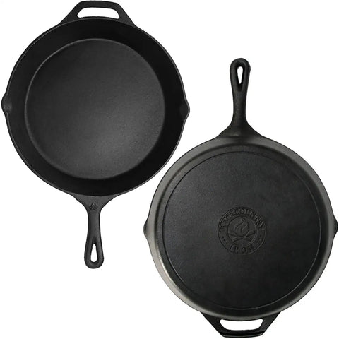 12 Inch Round Large Preseasoned Cast Iron Skillet Ready To Use Right Out Of The Box shown front and back views