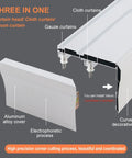 Dual Rail Sliding Barn Door Hardware Kit showing aluminum alloy cover, cloth curtains, and gauze curtains installation details.
