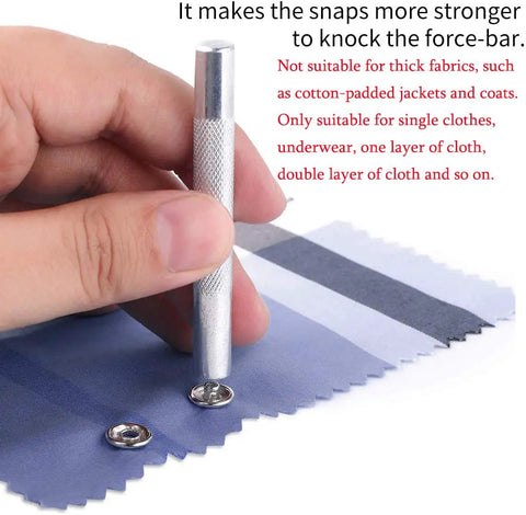 DIY Metal Snaps Button Kit With Fastener Pliers Press Tool For Sewing And Crafting, demonstration on fabric with tool.