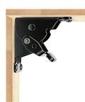 Heavy Duty Folding Brackets 4 Pack With Self Locking Hinges And Stainless Steel Screws for table legs, showing the black hinge detail.