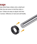 Beefed-Up Double Split Shaft Collar For One And A Quarter Inch Rod Two And One Sixteenth Inch Outer Diameter One Half Inch Wide Black Oxide Clamp-On Collar With Set Screw For Tight No-Slip Lock On Machinery with installation guidance next to a metal shaft and arrows showing collar adjustment.