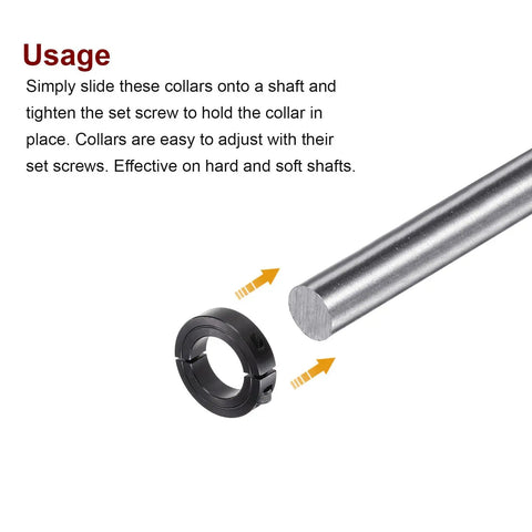 Beefed-Up Double Split Shaft Collar For One And A Quarter Inch Rod Two And One Sixteenth Inch Outer Diameter One Half Inch Wide Black Oxide Clamp-On Collar With Set Screw For Tight No-Slip Lock On Machinery with installation guidance next to a metal shaft and arrows showing collar adjustment.