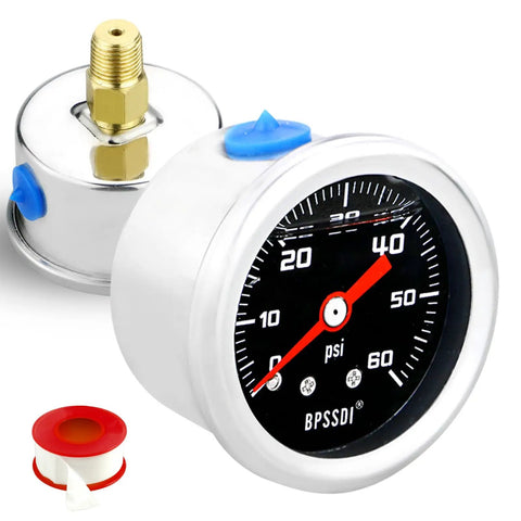 Glycerin-Filled Low Pressure Gauge 0-60 PSI, 1.5 Inch Dial, One-Eighth Inch NPT Back Mount, front and back view with tape