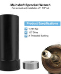 Mainshaft sprocket wrench for Harley primary drive; 1 7/8 in nut, 1/2 in drive; black tool with silver bushing (front view).