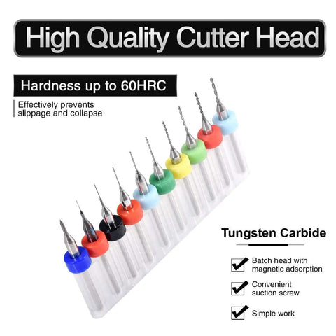 Pro Grade 10 Piece Carbide PCB Drill Bit Set From 0.1mm To 1.0mm For CNC Engraving, Jewelry, And DIY Projects in plastic case.