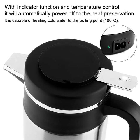 Road Ready Setup 1000 Milliliter Stainless Steel 12 Volt Car Kettle lid view with indicator and power button, ideal for long drives.