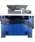 Smooth Operator Electric Table Saw With Extended Telescopic Work Surface And Vacuum Ready Dust Cup, blue body close-up with folding handle.