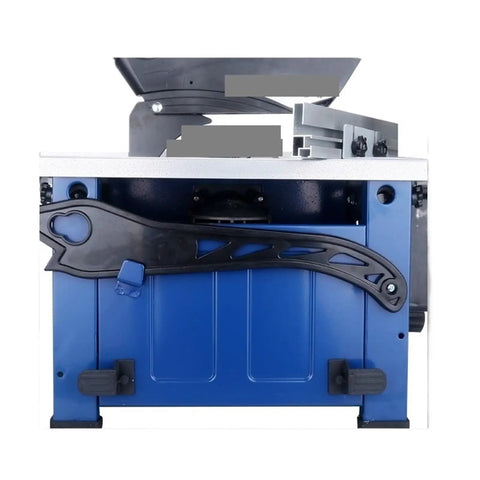 Smooth Operator Electric Table Saw With Extended Telescopic Work Surface And Vacuum Ready Dust Cup, blue body close-up with folding handle.