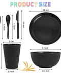 Black Built Tough 36 Piece Wheat Straw Dinnerware Set For 6, showing unbreakable bowls, plates, cups, and cutlery with dimensions.