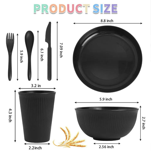 Black Built Tough 36 Piece Wheat Straw Dinnerware Set For 6, showing unbreakable bowls, plates, cups, and cutlery with dimensions.
