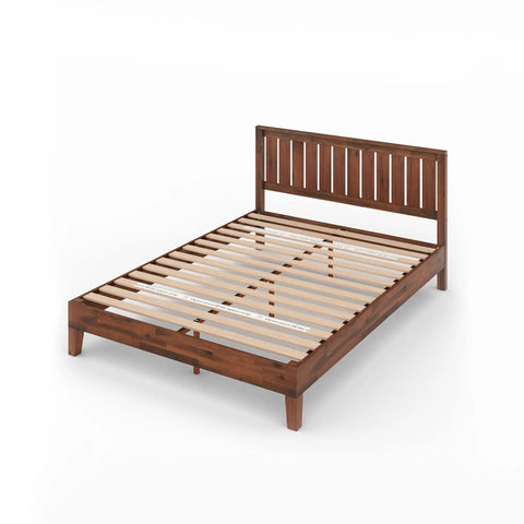 King Size Solid Wood Platform Bed Frame With Antique Espresso Finish And Integrated Headboard featuring slats for sturdy support.