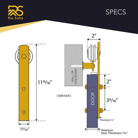 Dimensions of Brushed Brass Gold Barn Door Hardware Kit No Fuss With 72 Inch Track System for Single Door in diagram form.
