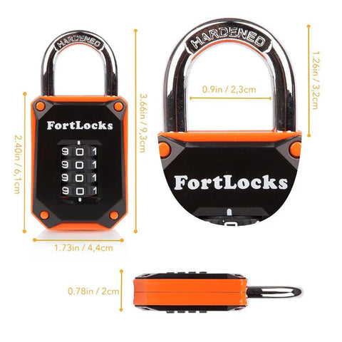 Dimensions and details of Beefy Heavy Duty Gym Locker Padlock With 4 Digit Combination Hardened Stainless Steel Body Weatherproof Outdoor Security Easy To Read Numbers Resettable And Cut Proof Lock Code 1 Pack Orange
