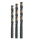 Three HSS KFD jobber drill bits, split-point, 1/8–1/4 in, gold and black finish, 3-piece sample pack