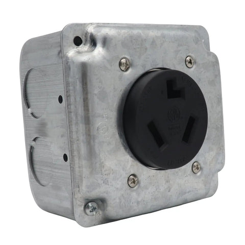 Nema 10-30R Receptacle 30 Amp Dryer Outlet Surface Or Flush Mount featuring galvanized iron frame and black socket design.