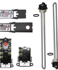 Electric Water Heater Tune Up Kit with two 4500W 240V elements, upper and lower thermostats, and protective covers visible.