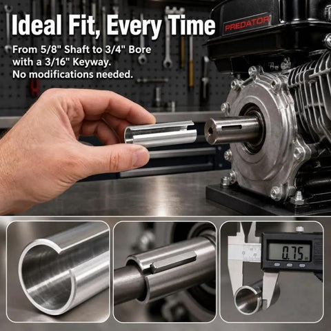 Built Like A Beast Cold Rolled Steel Shaft Adapter Bushing And Bore Reducer Converting 5/8 To 3/4 Inch With 3/16 Keystock for gas engine crankshafts.