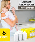 Woman holding baby in kitchen with six-pack filter, Pro Water Filter Replacement For Standard Pitchers And Dispensers NSF Certified 6 Count