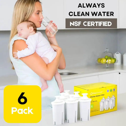 Woman holding baby in kitchen with six-pack filter, Pro Water Filter Replacement For Standard Pitchers And Dispensers NSF Certified 6 Count