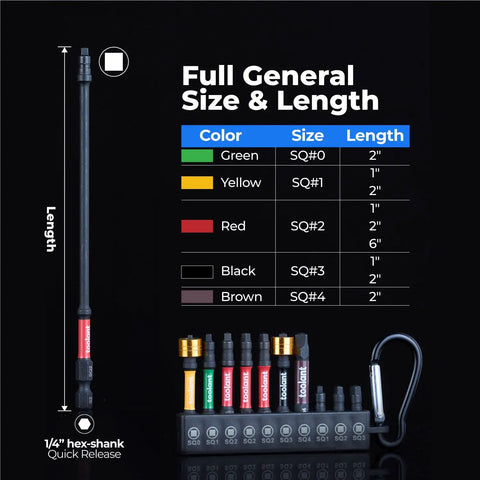 Heavy Duty Square Drive Bit Set For Impact Drivers With S2 Steel Bits Magnetic CNC Tips Robertson Square Bits One Quarter Inch Hex Shank Ten Piece SQ2 Long Bits In Durable Magnetic Storage Box