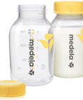 No Sweat Nursing Life This Portable Cooler Kit Comes With An Ice Block And Four 5 Oz Bottles To Keep Fresh Milk Chilled On The Fly Designed To Slot Perfectly Inside Freestyle And Sonata Bags For Stress Free Travel Everywhere - Medela bottles with yellow caps and measuring markings.