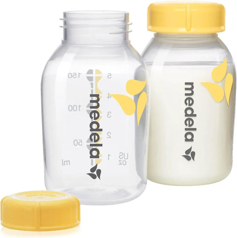 No Sweat Nursing Life This Portable Cooler Kit Comes With An Ice Block And Four 5 Oz Bottles To Keep Fresh Milk Chilled On The Fly Designed To Slot Perfectly Inside Freestyle And Sonata Bags For Stress Free Travel Everywhere - Medela bottles with yellow caps and measuring markings.