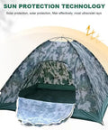 3-4 Person Camping Tent With Rain Fly And Carrying Bag Waterproof Family Dome Shelter For Festivals Backyard Hangouts Sleepovers And Lightweight Backpacking Weather Ready And Durable, front view showing camo pattern and solar protection features.