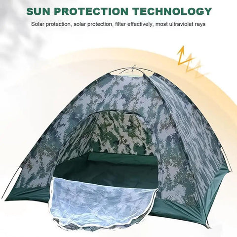 3-4 Person Camping Tent With Rain Fly And Carrying Bag Waterproof Family Dome Shelter For Festivals Backyard Hangouts Sleepovers And Lightweight Backpacking Weather Ready And Durable, front view showing camo pattern and solar protection features.
