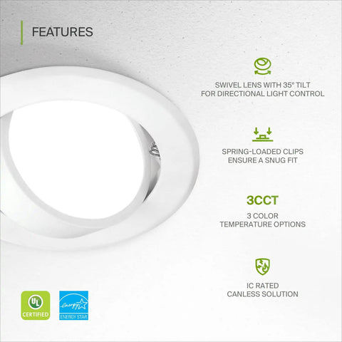 Gimbal 4 Inch LED Recessed Lights With Adjustable Color Temperature 3000K 4000K 5000K, 110 Degree Beam, White, Features