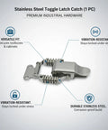 Heavy Duty 304 Stainless Steel Toggle Latch With Double Spring Draw Catch For Toolboxes And Cabinets Built Tough For Vibration Resistance And Secure Lids Easy Install Rust Proof Metal Hardware shown with features on display.